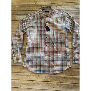 NWT $165 David Donahue Men's Trim Fit Printed Dress Shirt Blue Red Plaid Medium
